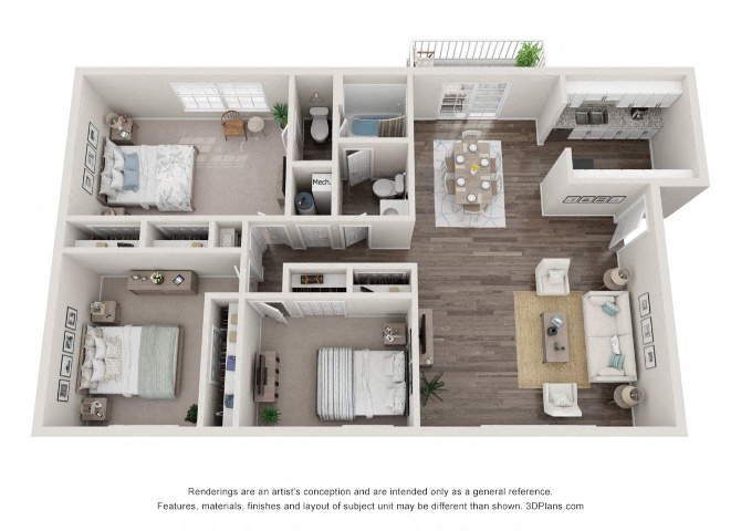 Floor plan for 3 beds, 1.5 baths, 1261 sqft